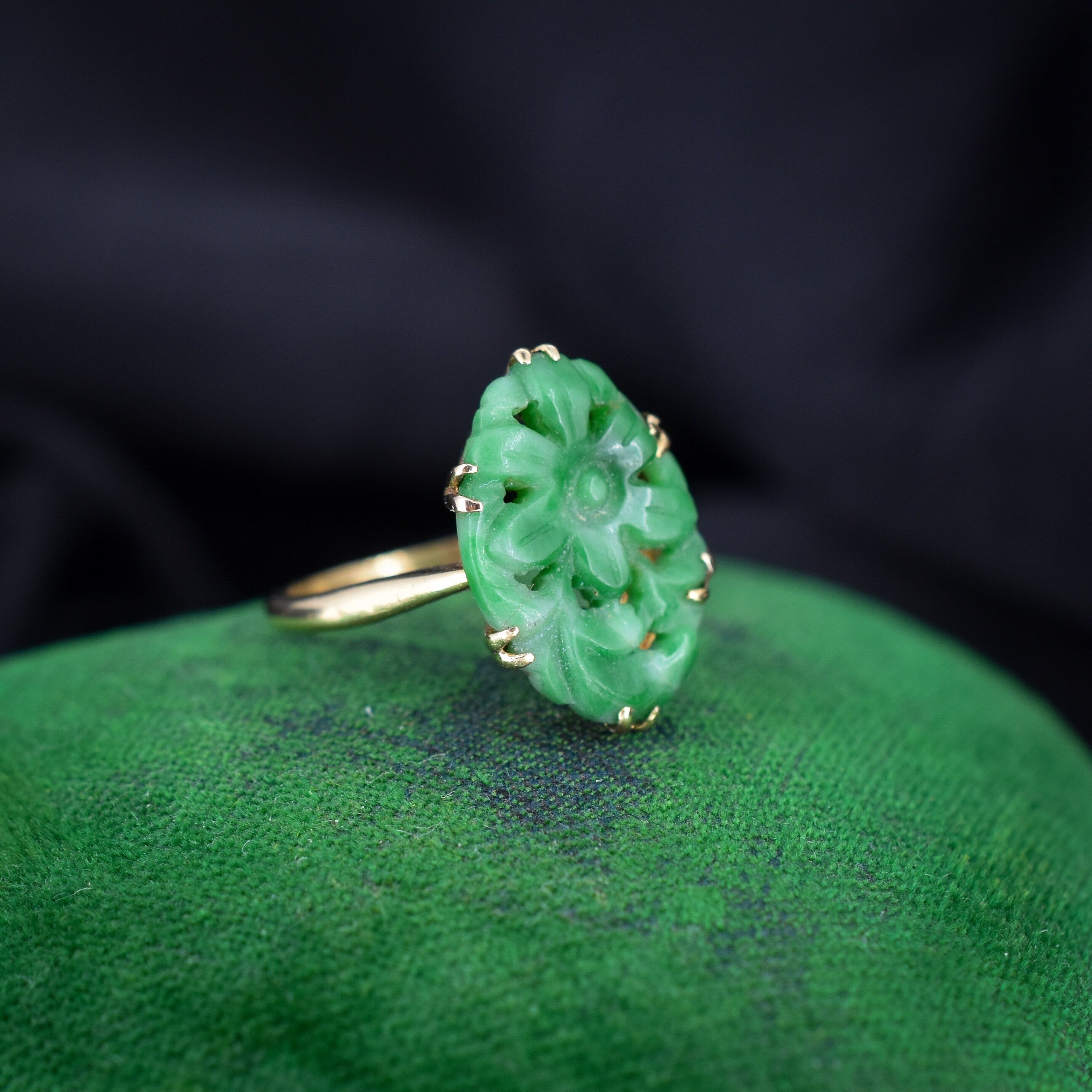 Art Deco Carved Jade 18ct Gold Panel Ring Antique Vintage Lancastrian Jewellers