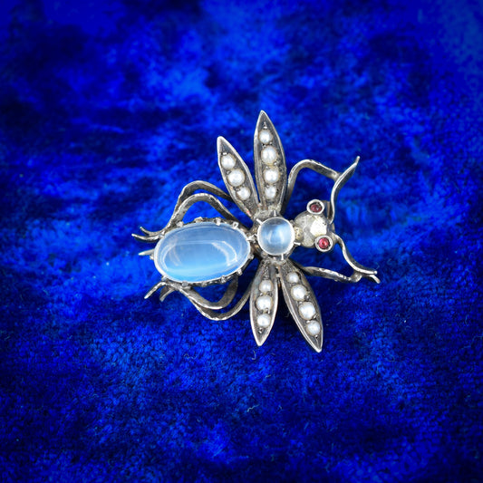 Antique Moonstone and Pearl Silver Bug Insect Brooch Pin | Victorian