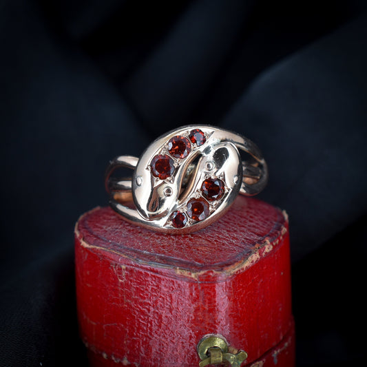 Antique Garnet Double Snake Gold Ring | Dated Chester 1915