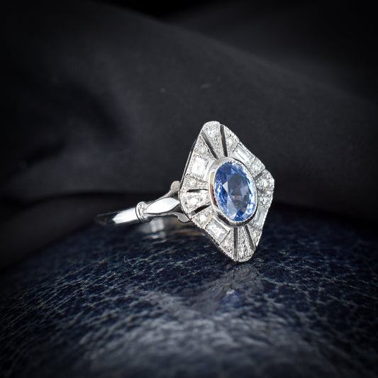 Art Deco Style Blue Sapphire and Diamond Halo Platinum Ring