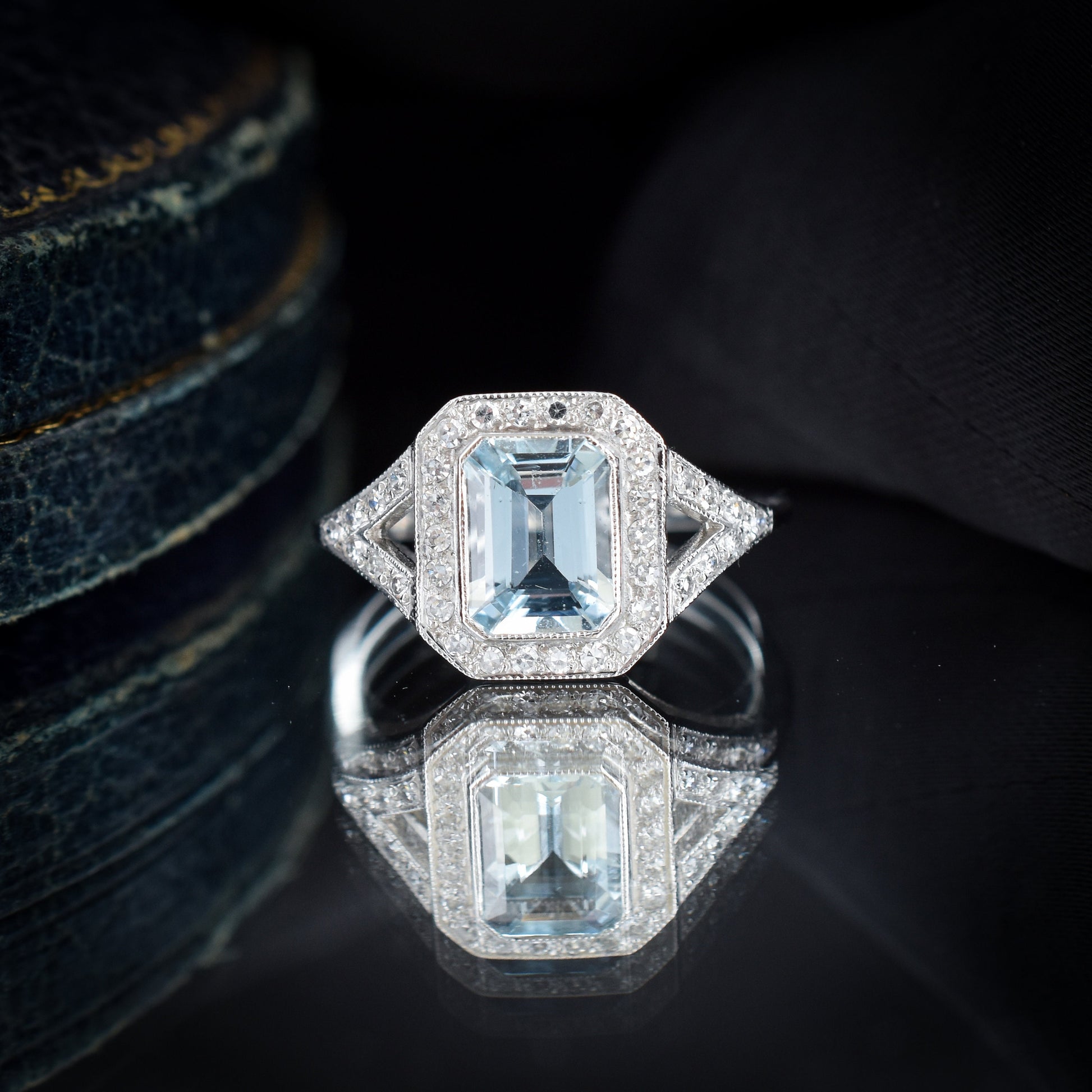 Emerald Cut Aquamarine and Diamond Halo Platinum Ring | Art Deco Style