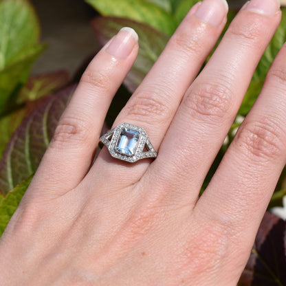 Emerald Cut Aquamarine and Diamond Halo Platinum Ring | Art Deco Style