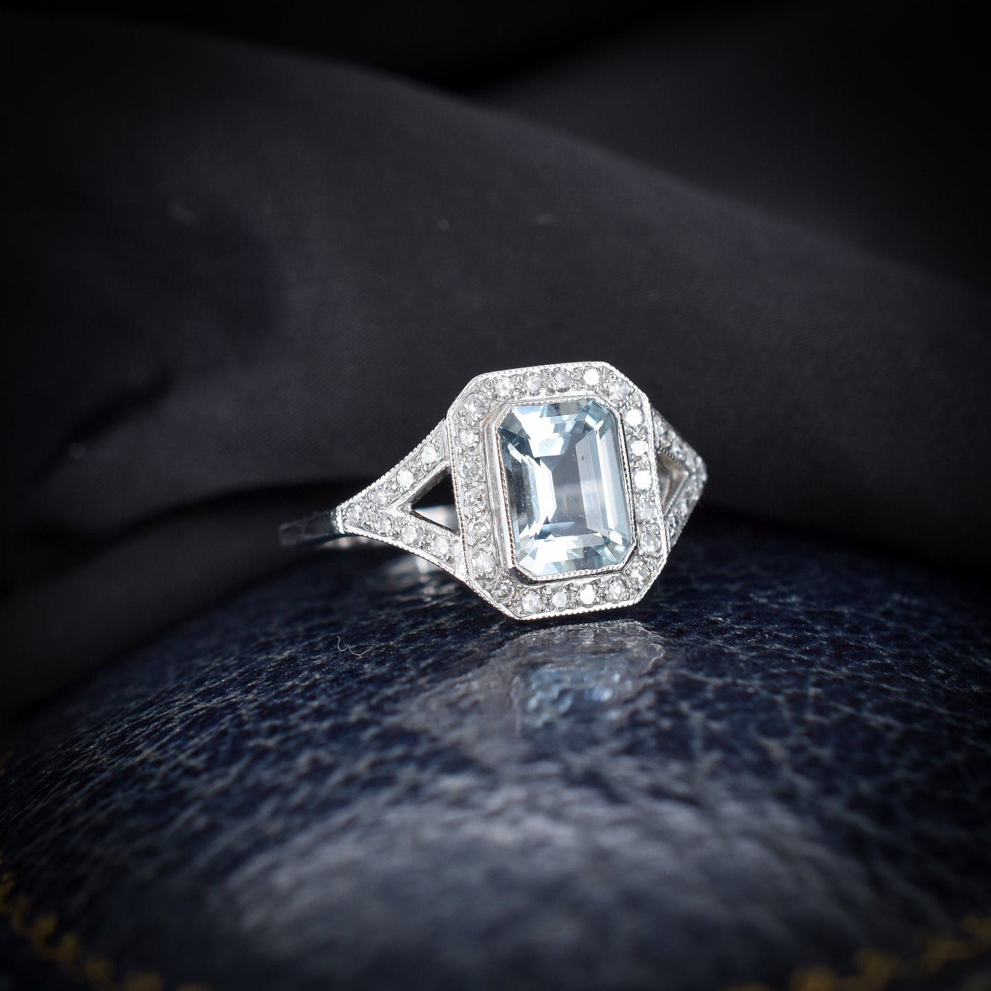 Emerald Cut Aquamarine and Diamond Halo Platinum Ring | Art Deco Style