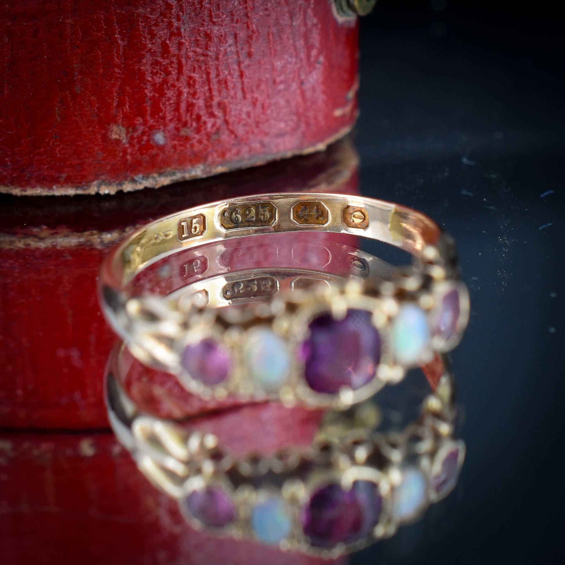 Antique Victorian Almandine Garnet and Opal 15ct Yellow Gold Scroll Ring | Hallmarked Birmingham 1865