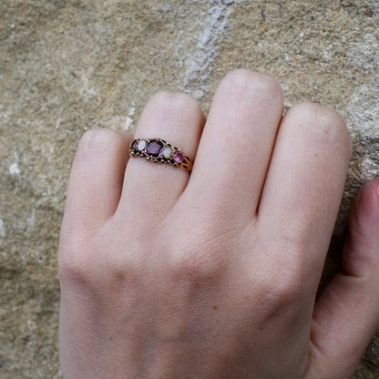 Antique Victorian Almandine Garnet and Opal 15ct Yellow Gold Scroll Ring | Hallmarked Birmingham 1865