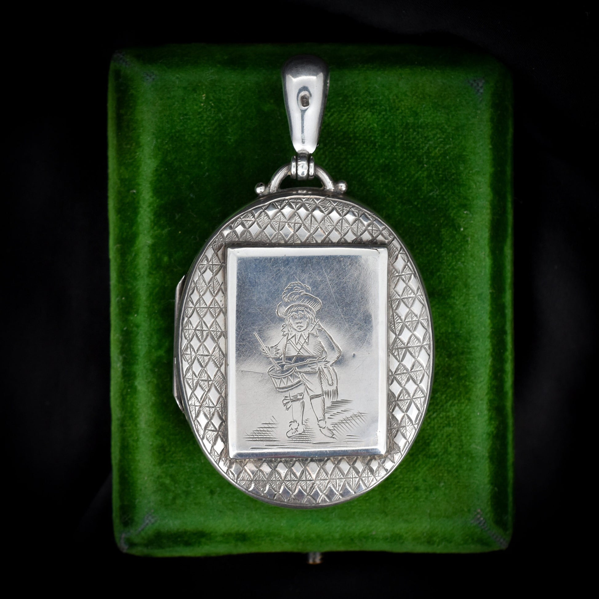 Antique 'Little Drummer Boy' Sterling Silver Oval Engraved Photo Locket Pendant