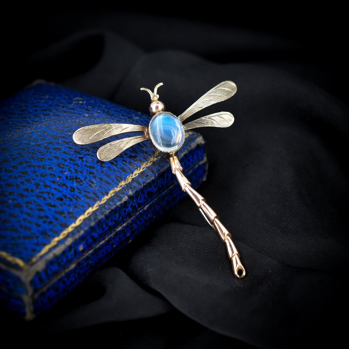 Antique Moonstone Gold Dragonfly Bug Insect Brooch Pin | Victorian