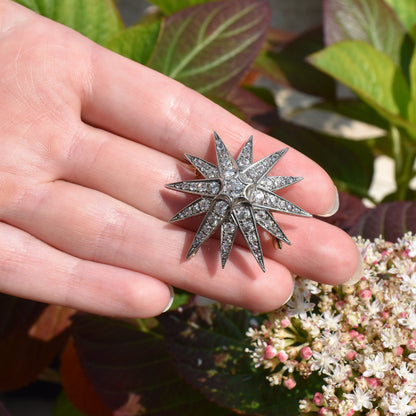 Antique Victorian Old Cut Diamond Gold and Silver Star Celestial Brooch Pin