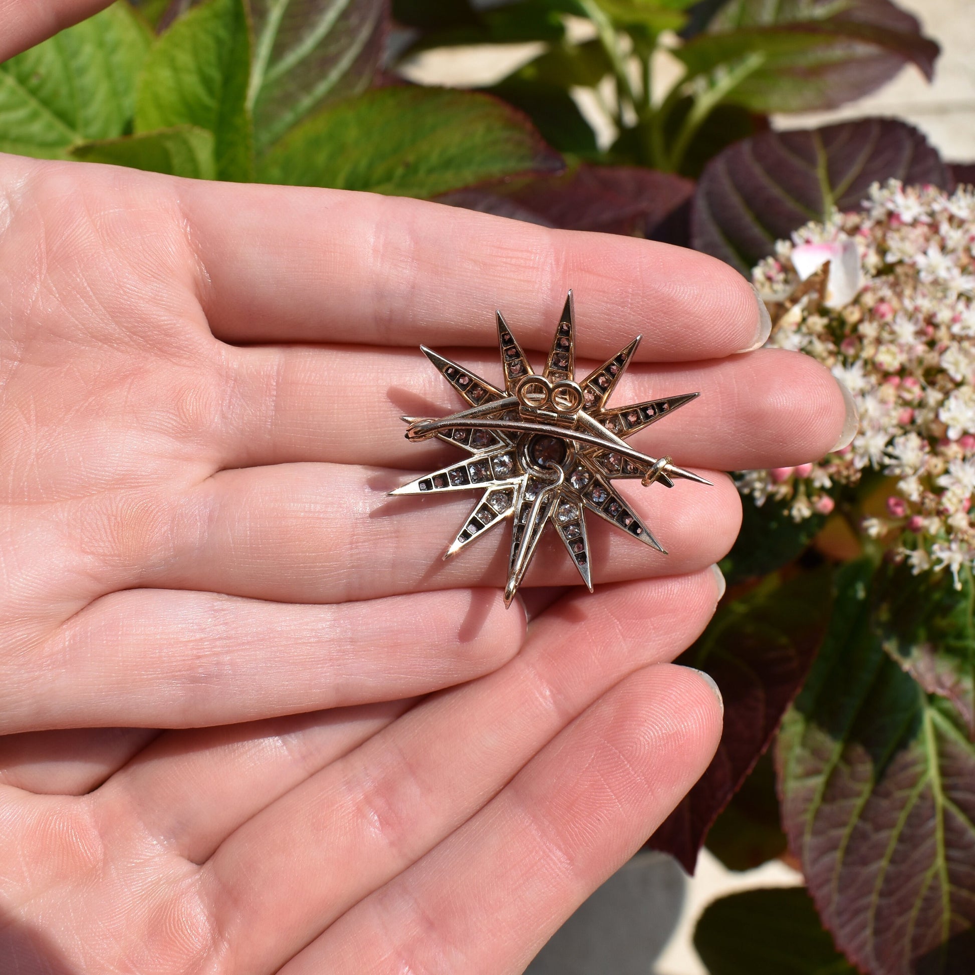 Antique Victorian Old Cut Diamond Gold and Silver Star Celestial Brooch Pin