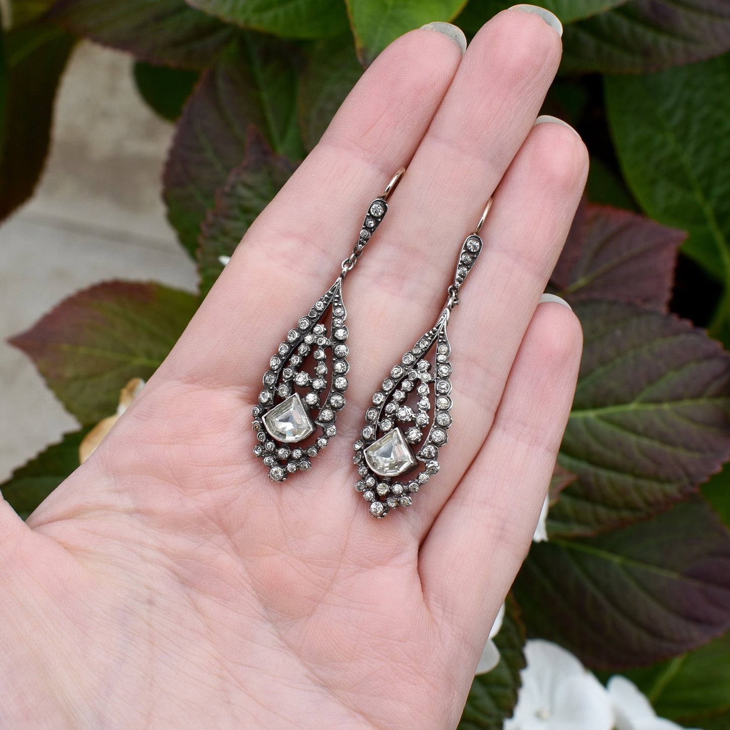 Antique Boxed Old Cut Paste Gold and Silver Drop Earrings