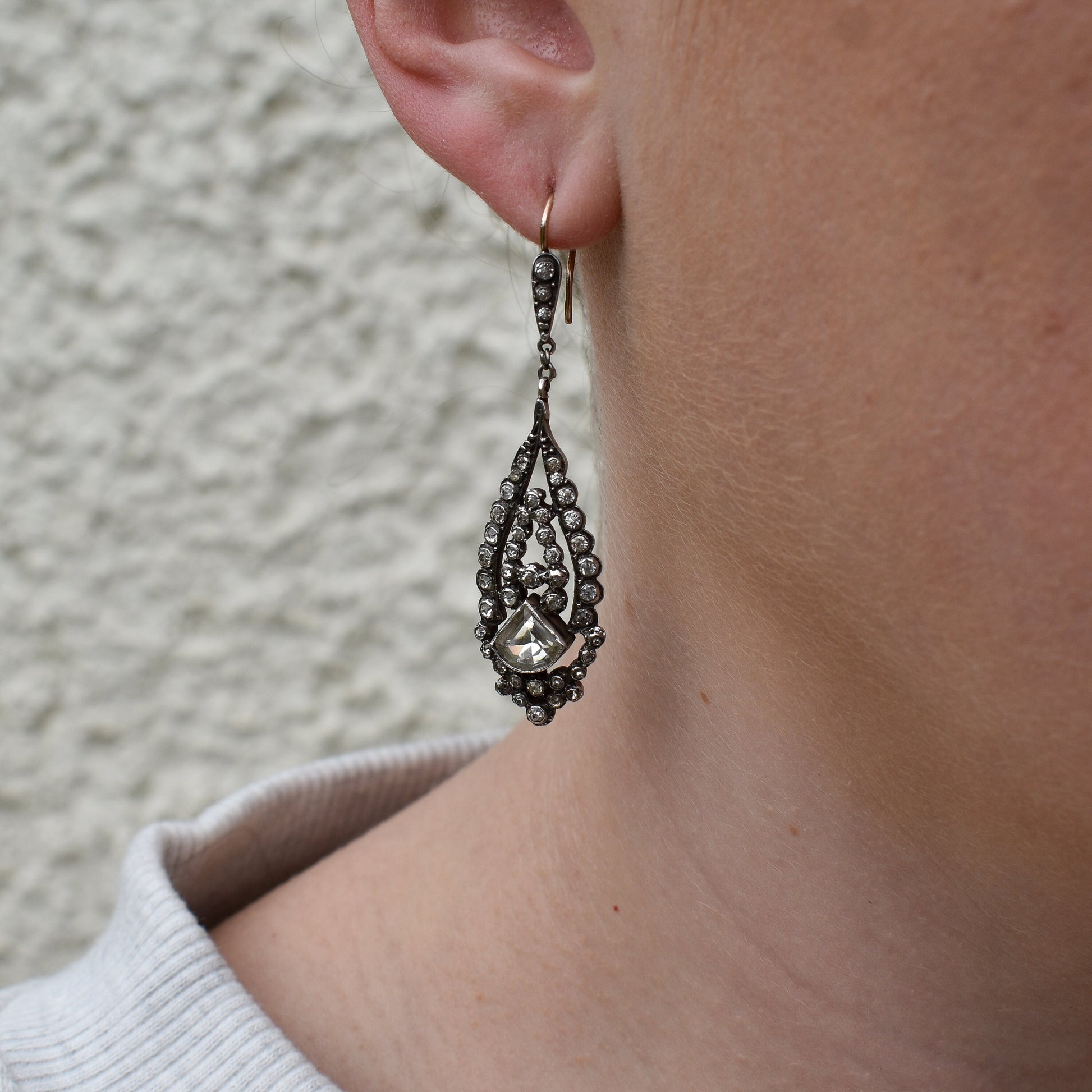 Antique Boxed Old Cut Paste Gold and Silver Drop Earrings