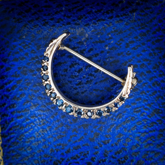 Vintage Sapphire 9ct Gold Crescent Moon Celestial Brooch Pin - Dated 1987