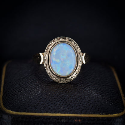 Vintage Natural Opal Oval Bezel Solitaire 9ct Yellow Gold Ring