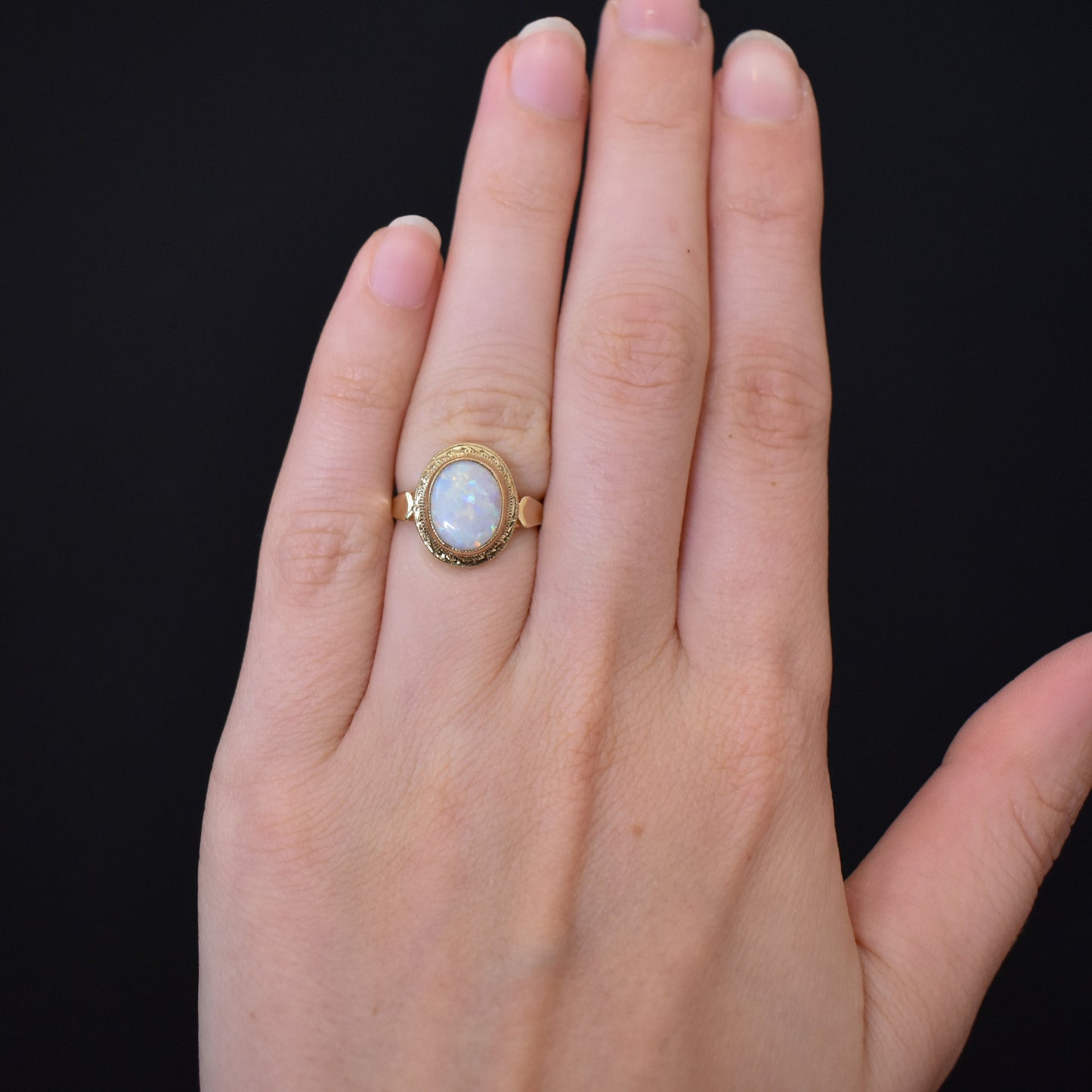 Vintage Natural Opal Oval Bezel Solitaire 9ct Yellow Gold Ring