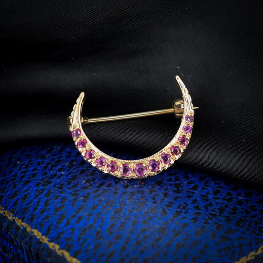 Vintage Ruby 9ct Yellow Gold Crescent Moon Celestial Brooch Pin