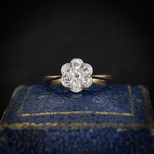 Antique Diamond Cluster Daisy 18ct Yellow Gold Ring