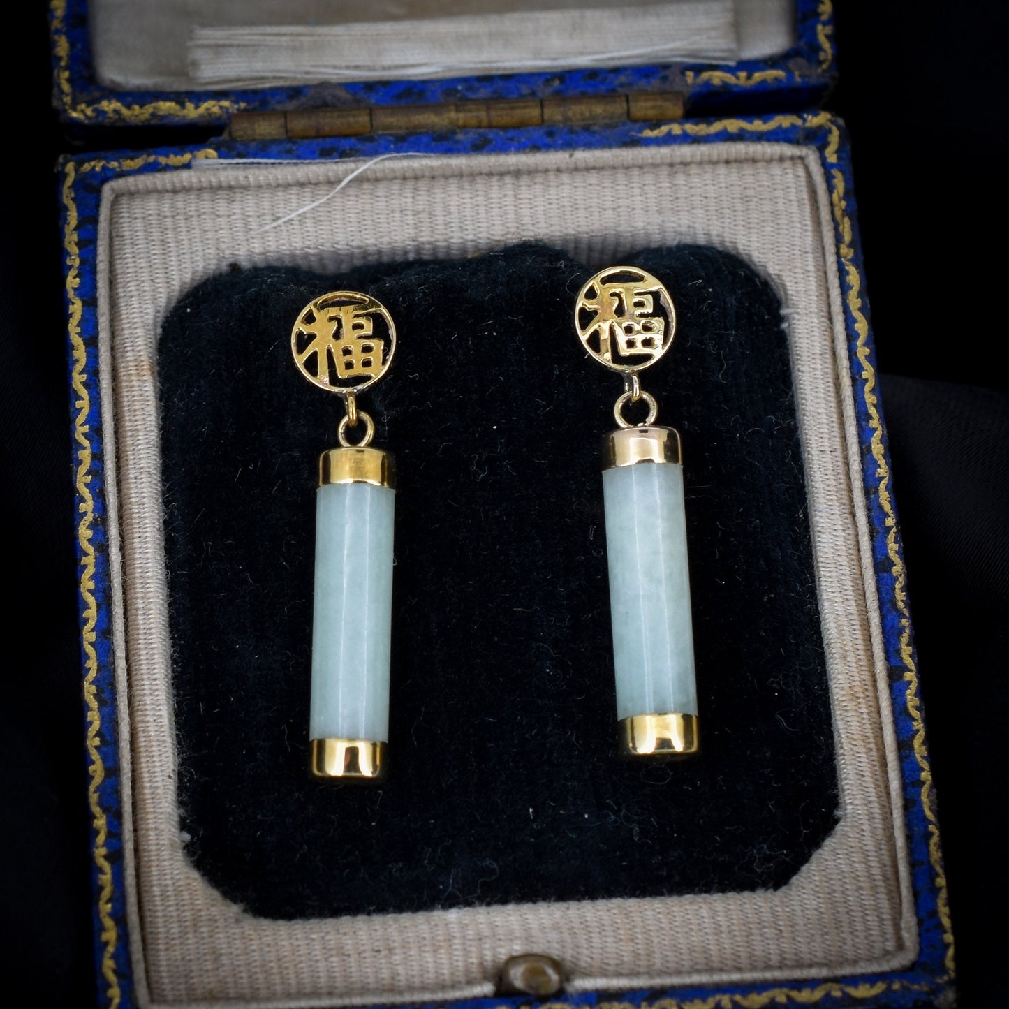 Vintage Green Jade Chinese 14ct Yellow Gold Drop Earrings