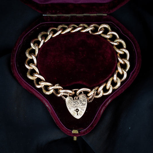 Antique Engraved Heart Padlock Fancy Curb 9ct Gold Bracelet