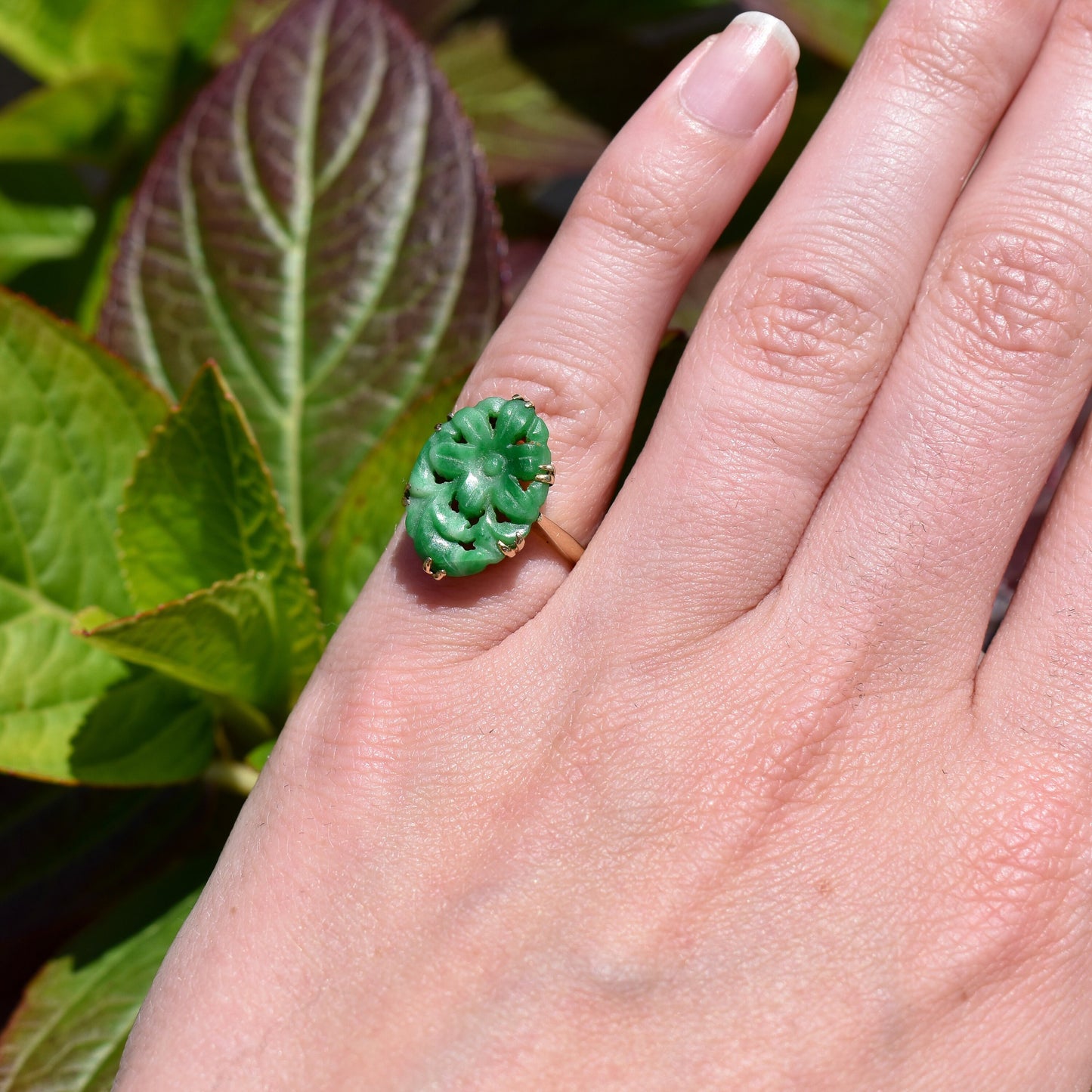 Art Deco Carved Jade 18ct Gold Panel Ring | Antique Vintage