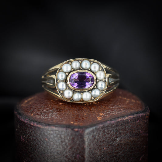 Vintage Amethyst and Pearl Cluster Halo 9ct Gold Ring Georgian Style