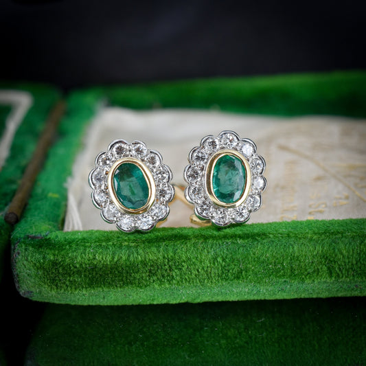 Vintage Emerald and Diamond Halo Cluster 18ct Gold Earrings