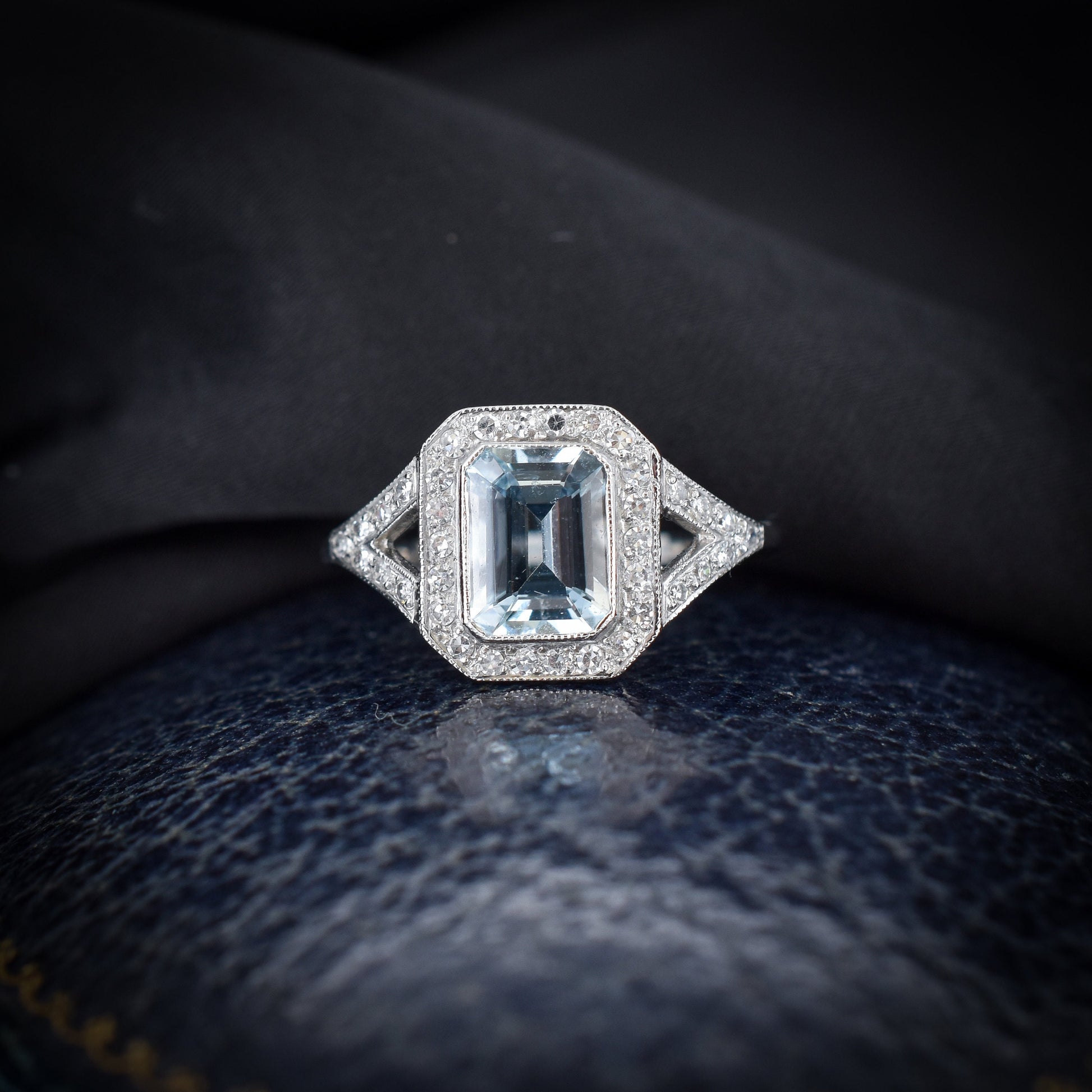 Emerald Cut Aquamarine and Diamond Halo Platinum Ring | Art Deco Style