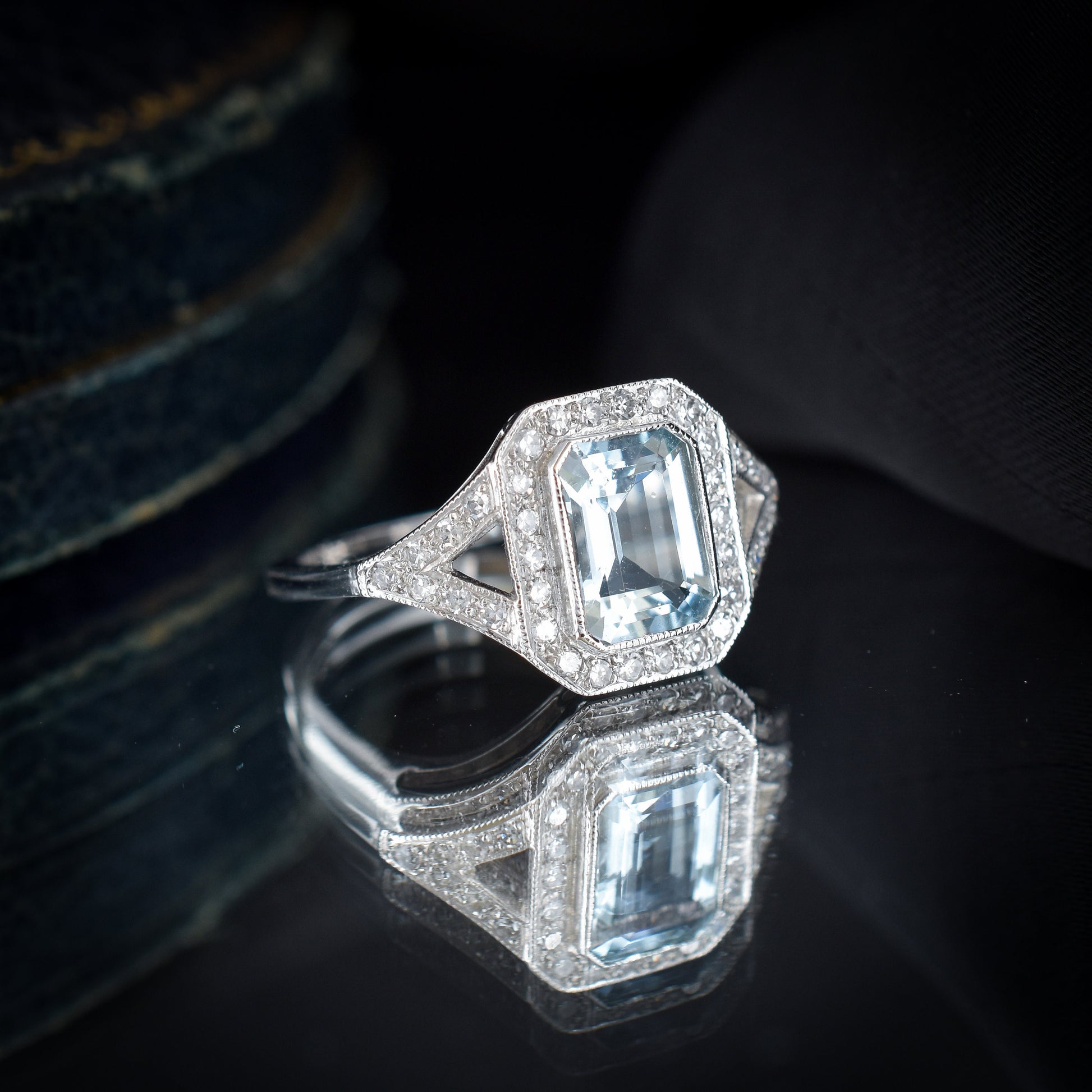 Emerald Cut Aquamarine and Diamond Halo Platinum Ring | Art Deco Style