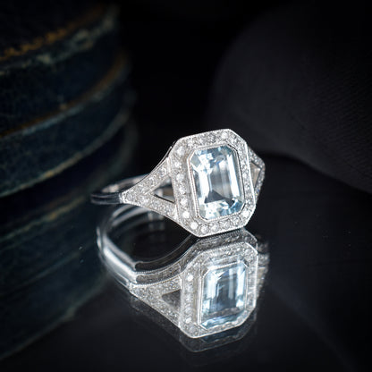 Emerald Cut Aquamarine and Diamond Halo Platinum Ring | Art Deco Style