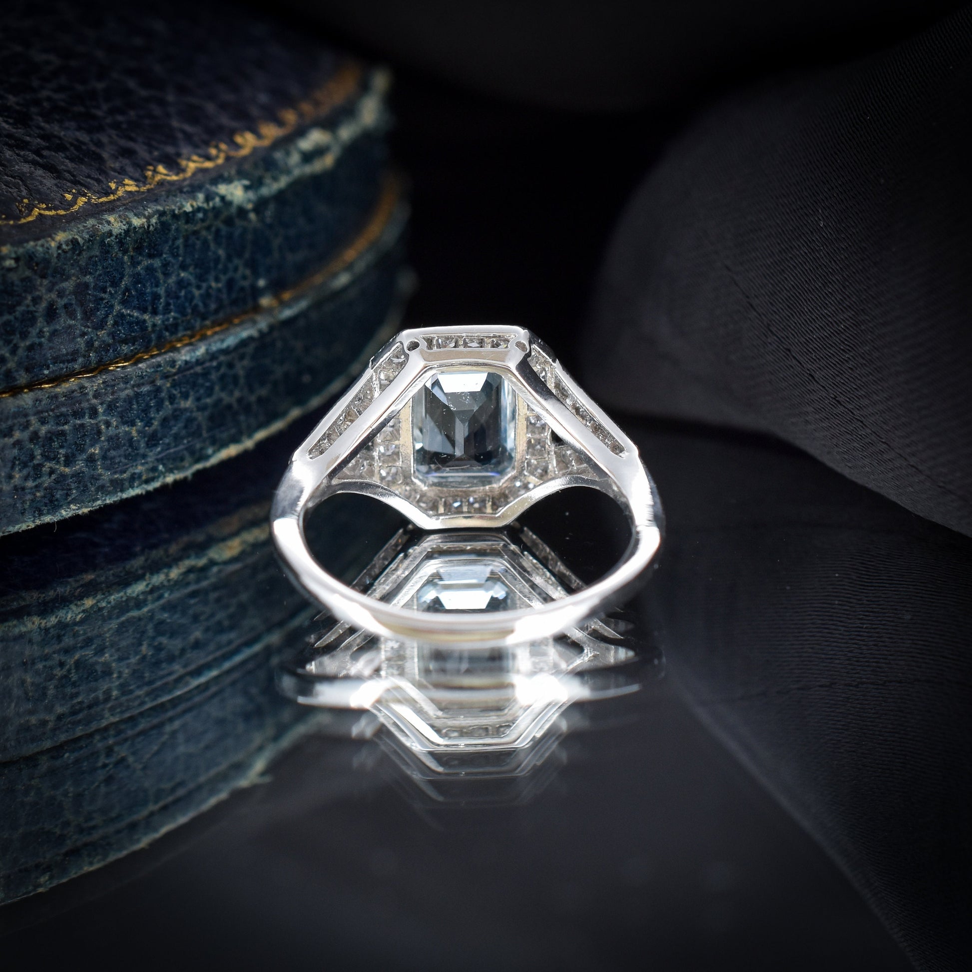 Emerald Cut Aquamarine and Diamond Halo Platinum Ring | Art Deco Style