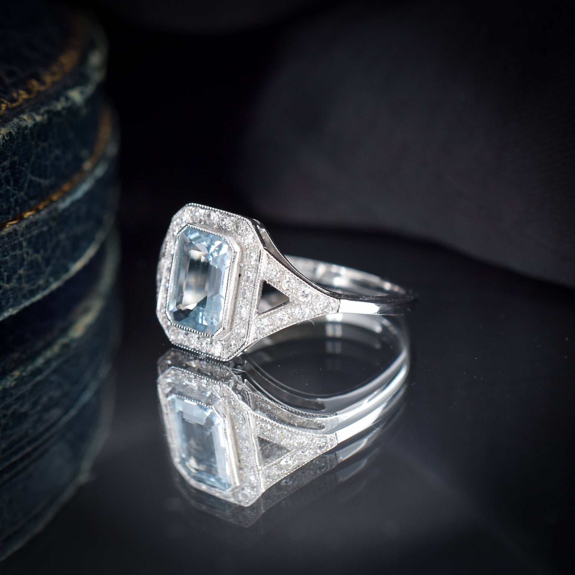 Emerald Cut Aquamarine and Diamond Halo Platinum Ring | Art Deco Style