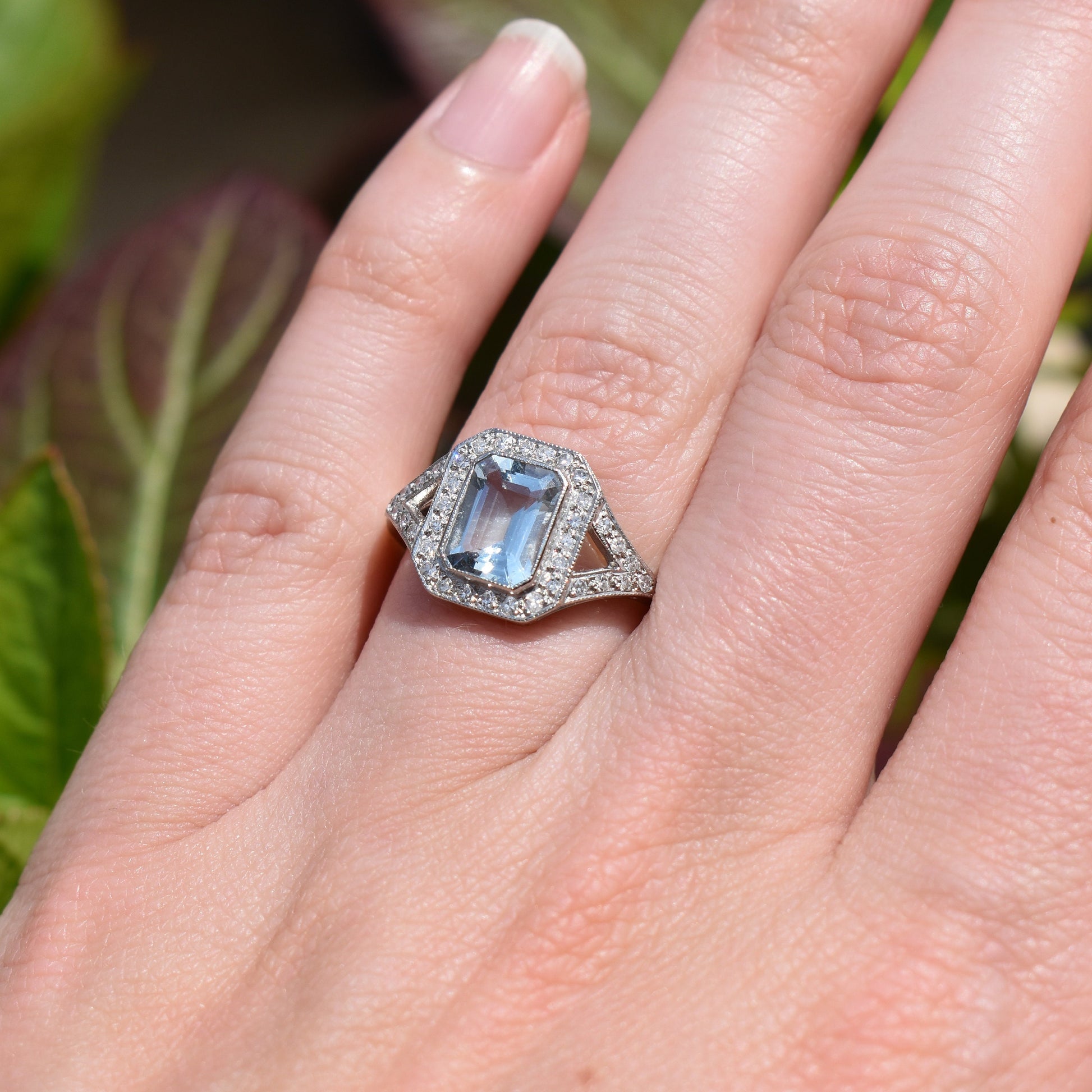 Emerald Cut Aquamarine and Diamond Halo Platinum Ring | Art Deco Style