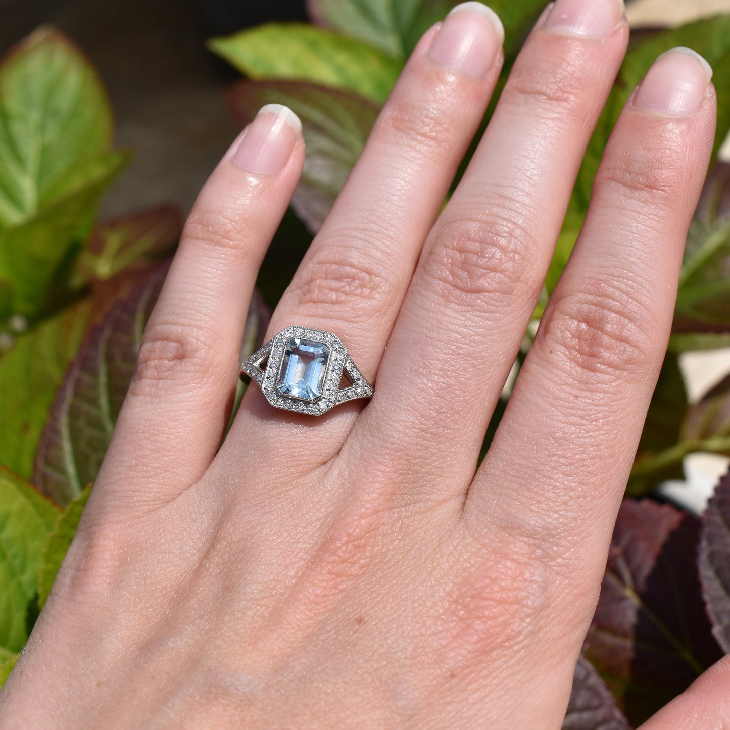 Emerald Cut Aquamarine and Diamond Halo Platinum Ring | Art Deco Style