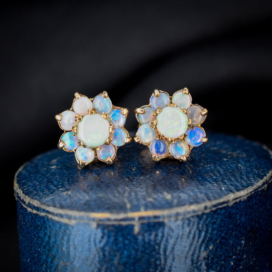 Vintage Natural Opal Flower 9ct Gold Stud Earrings