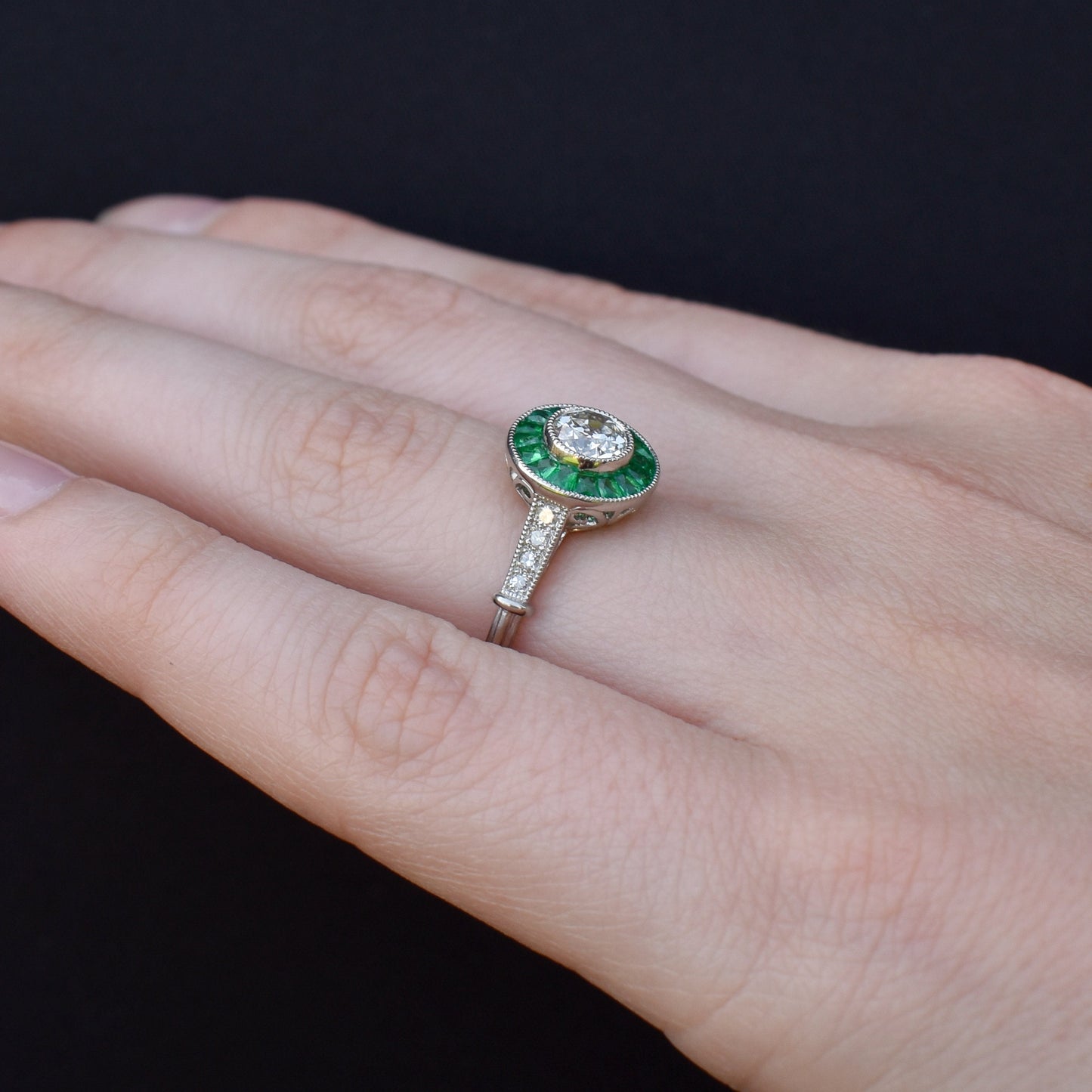 Certified Art Deco Style Emerald and Old Cut Diamond Target Cluster Halo Platinum Ring