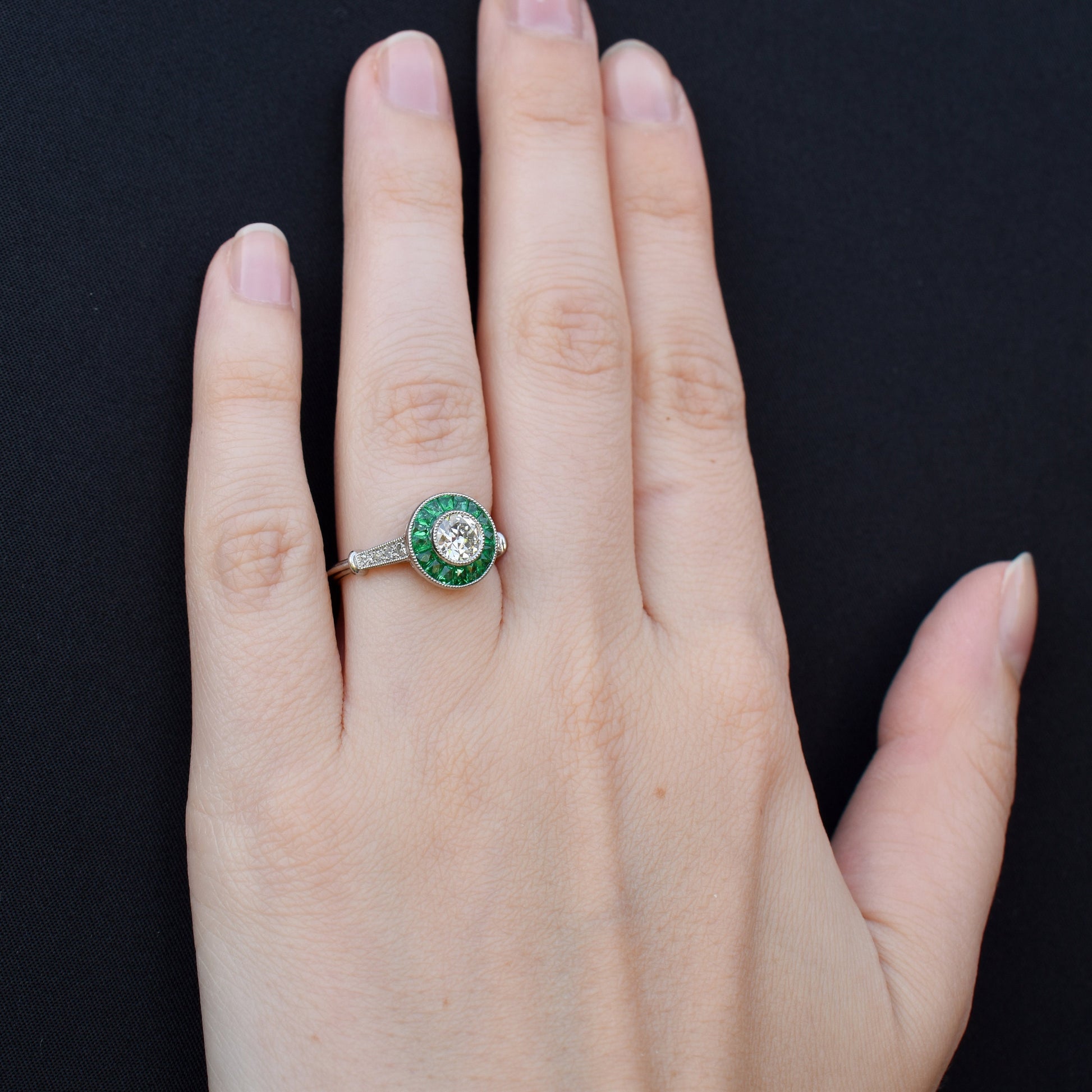 Certified Art Deco Style Emerald and Old Cut Diamond Target Cluster Halo Platinum Ring