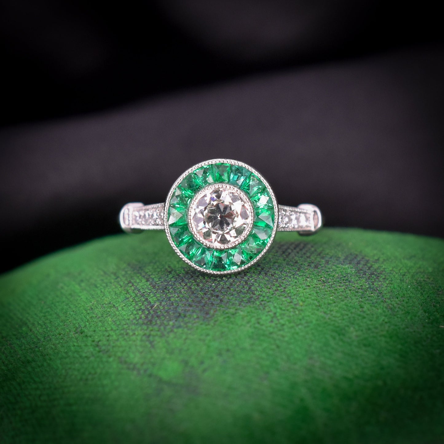 Certified Art Deco Style Emerald and Old Cut Diamond Target Cluster Halo Platinum Ring