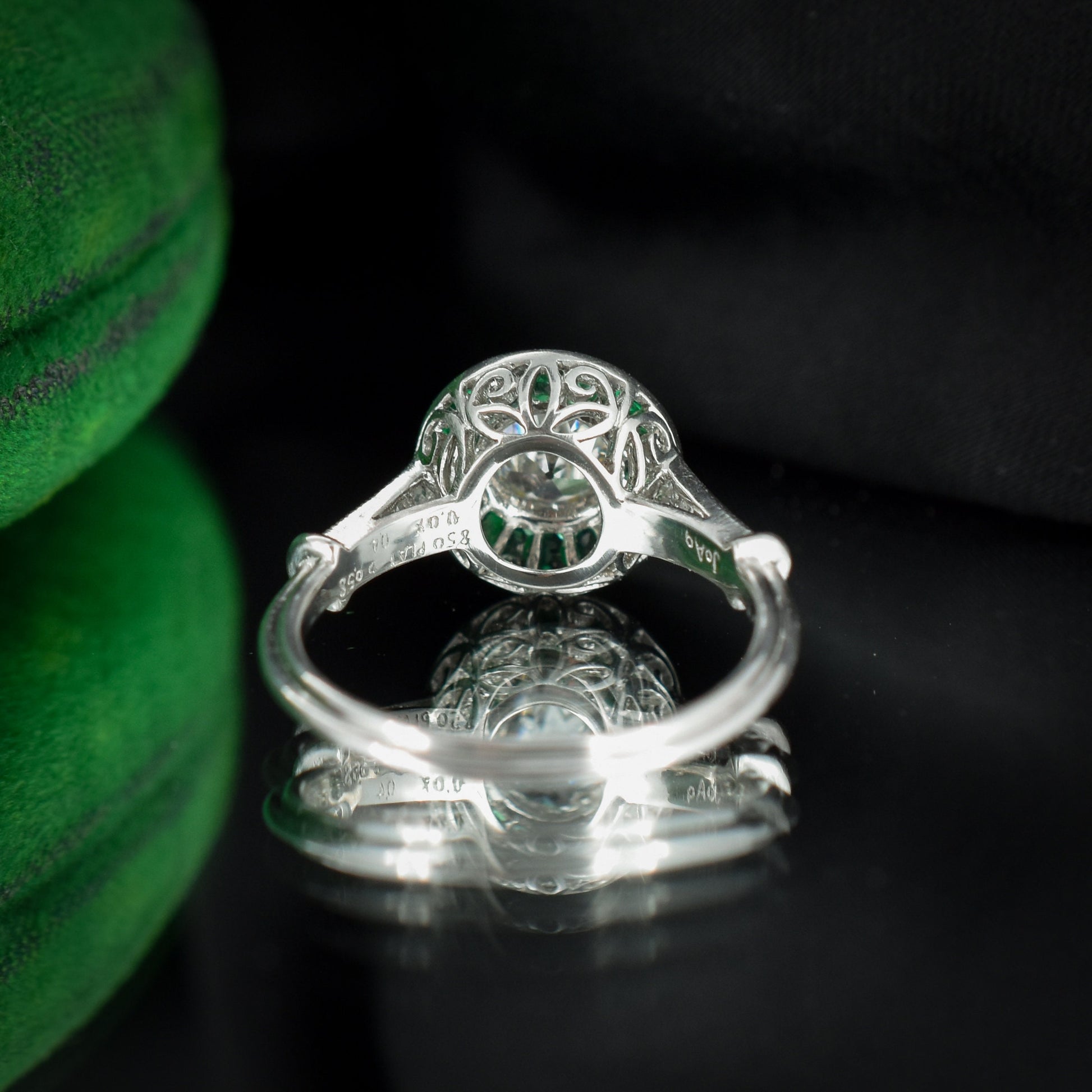 Certified Art Deco Style Emerald and Old Cut Diamond Target Cluster Halo Platinum Ring