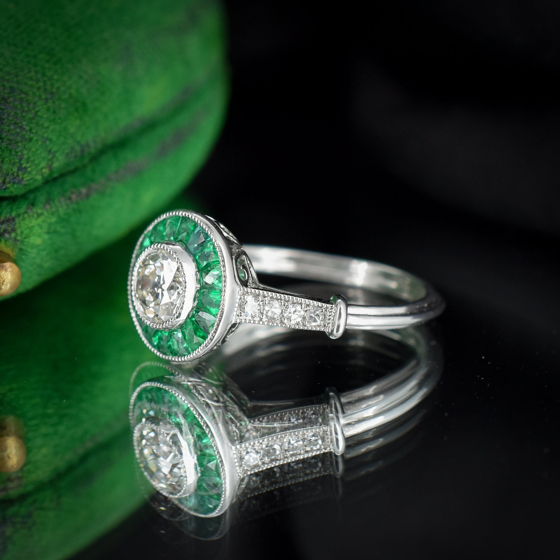 Certified Art Deco Style Emerald and Old Cut Diamond Target Cluster Halo Platinum Ring