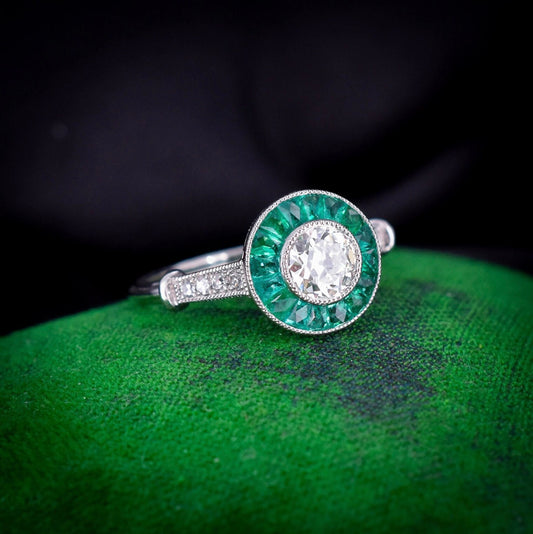 Certified Art Deco Style Emerald and Old Cut Diamond Target Cluster Halo Platinum Ring