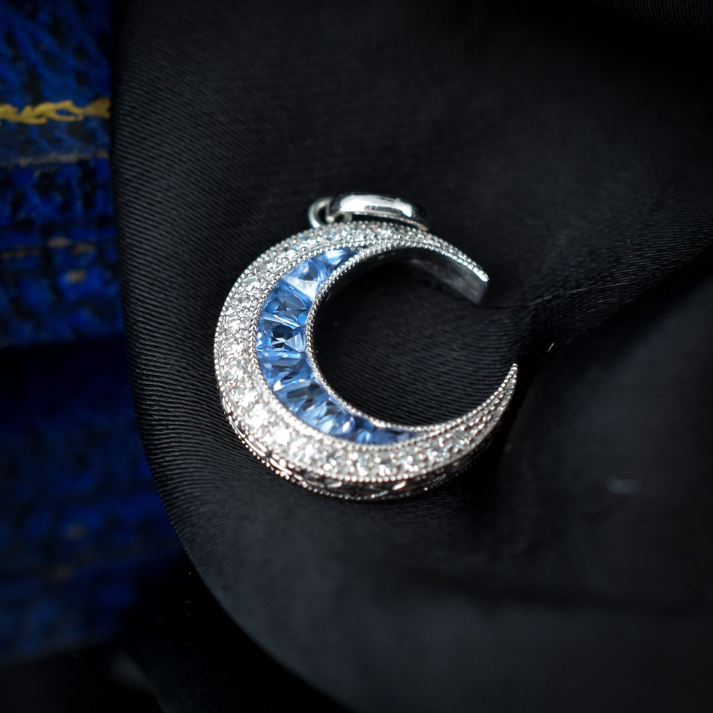 Antique Style Diamond and Ceylon Sapphire Crescent Moon Platinum Pendant