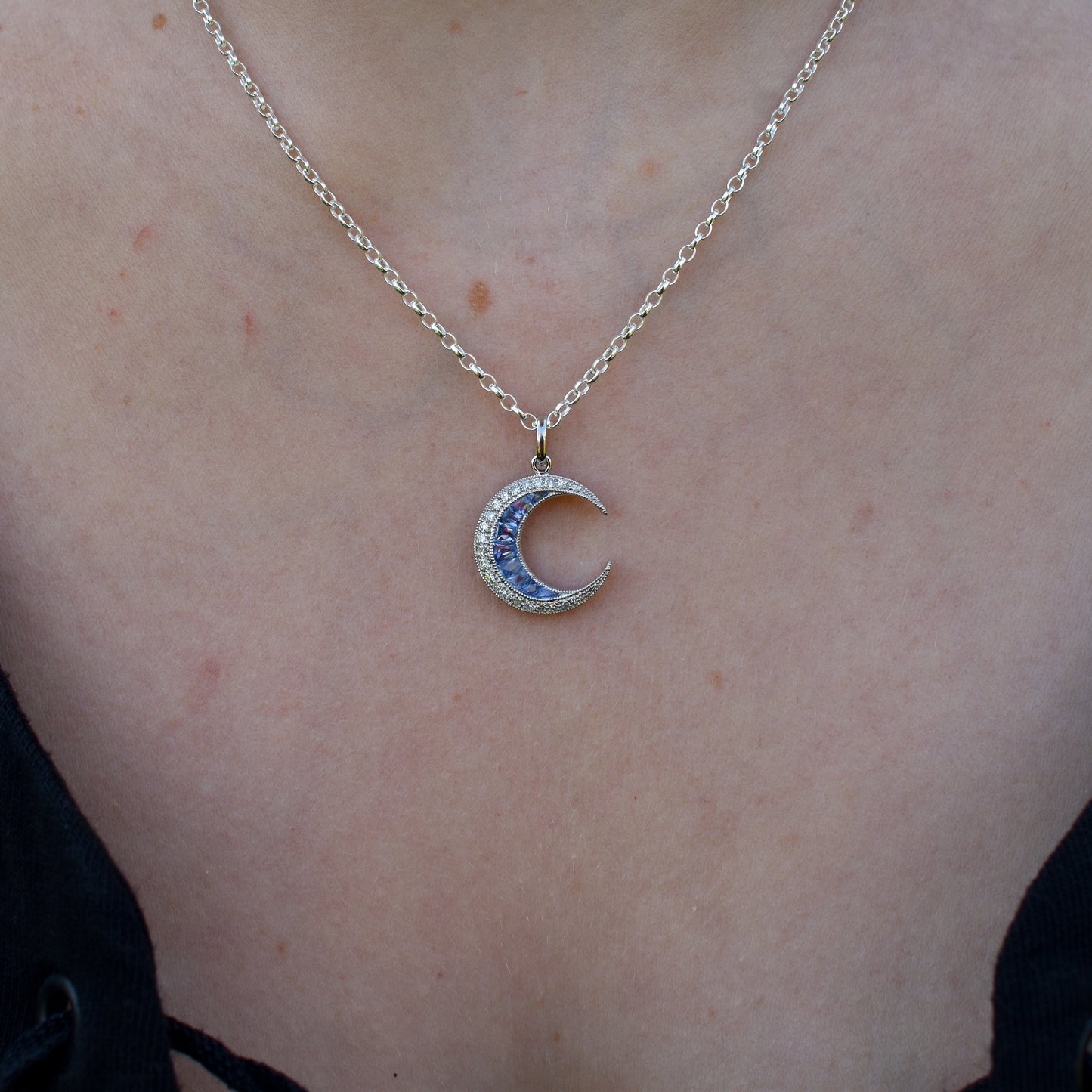 Antique Style Diamond and Ceylon Sapphire Crescent Moon Platinum Pendant