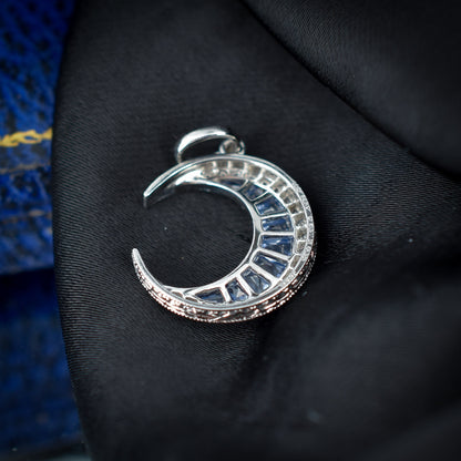 Antique Style Diamond and Ceylon Sapphire Crescent Moon Platinum Pendant