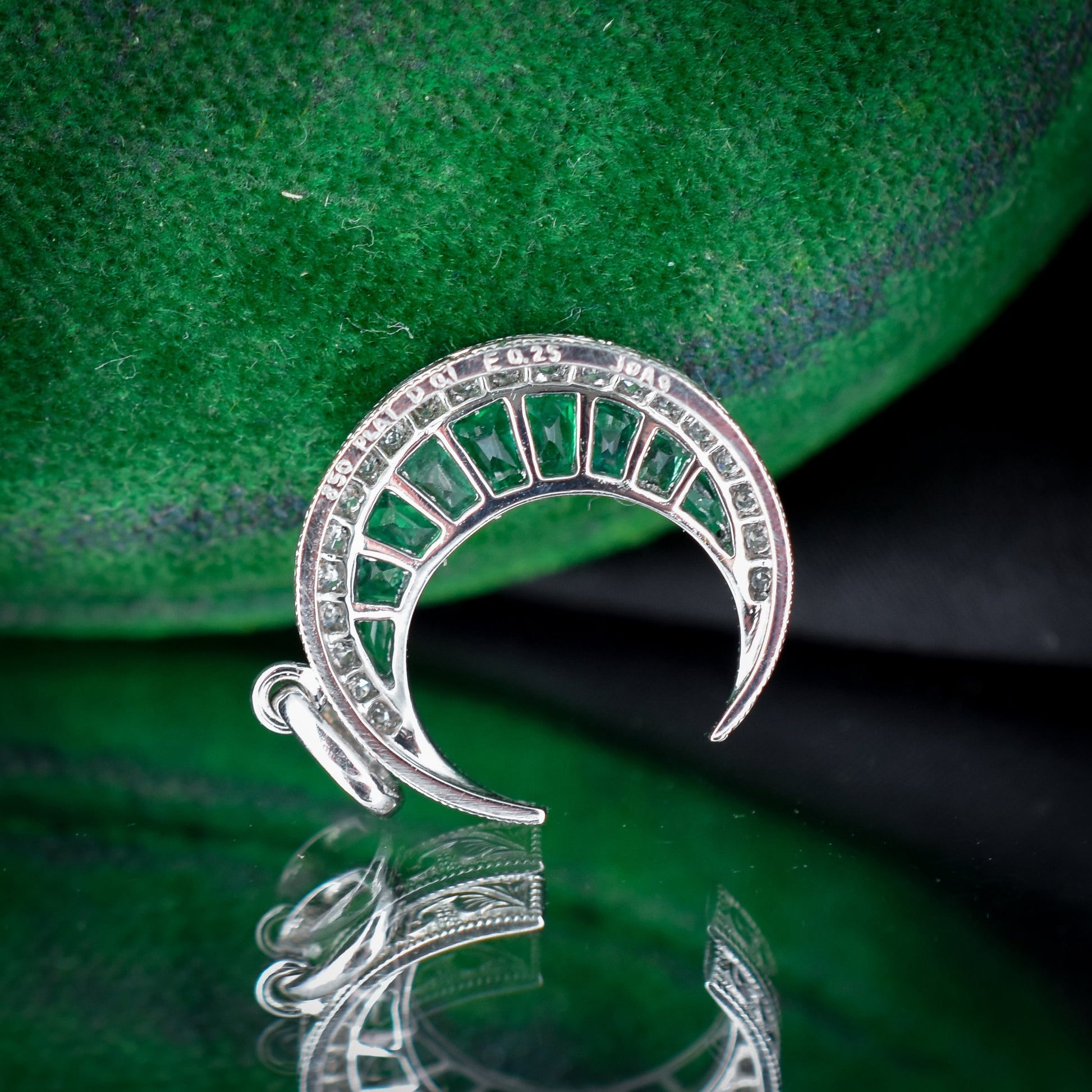 Antique Style Diamond and Emerald Crescent Moon Platinum Pendant