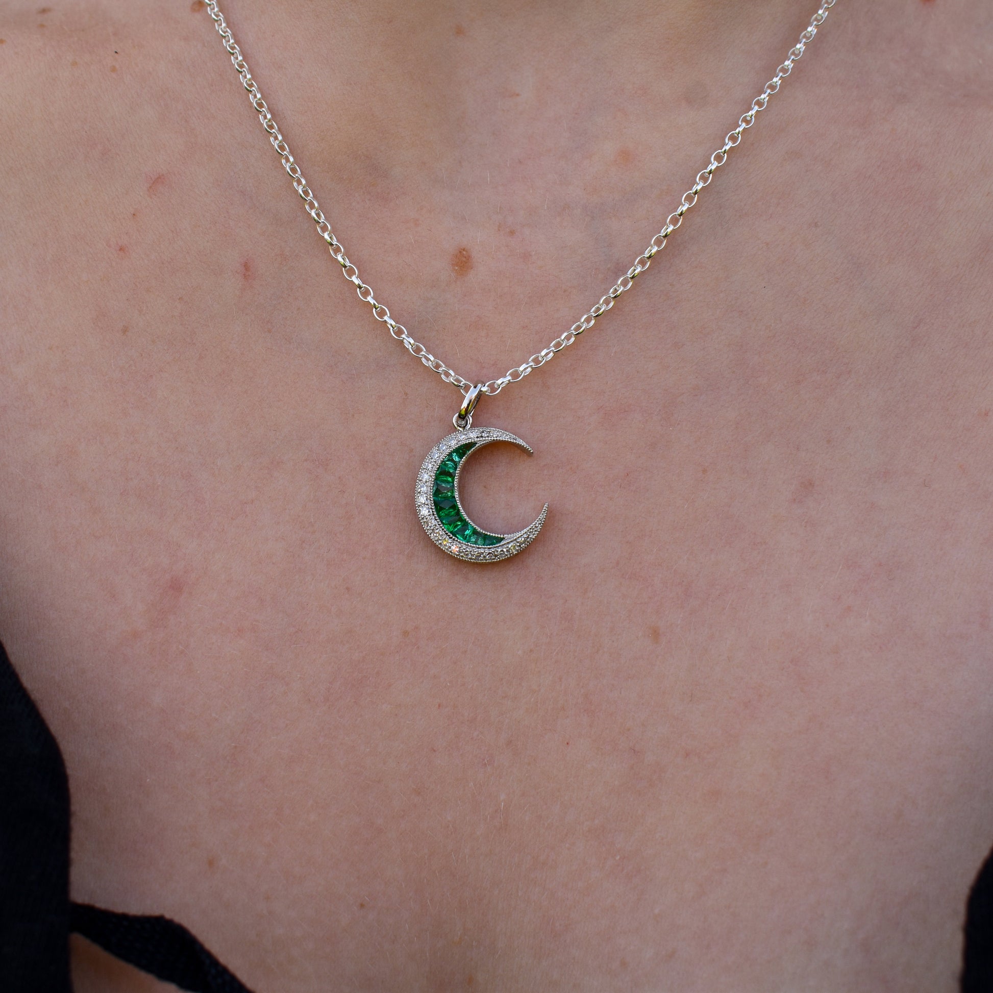 Antique Style Diamond and Emerald Crescent Moon Platinum Pendant