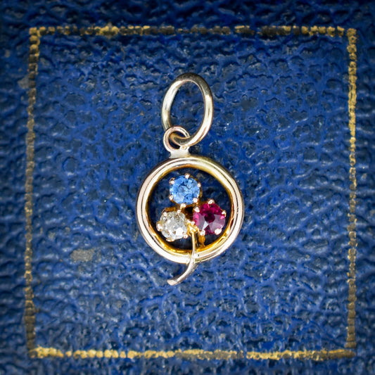 Antique 15ct Gold Sapphire Diamond Ruby Three Leaf Clover Charm Pendant