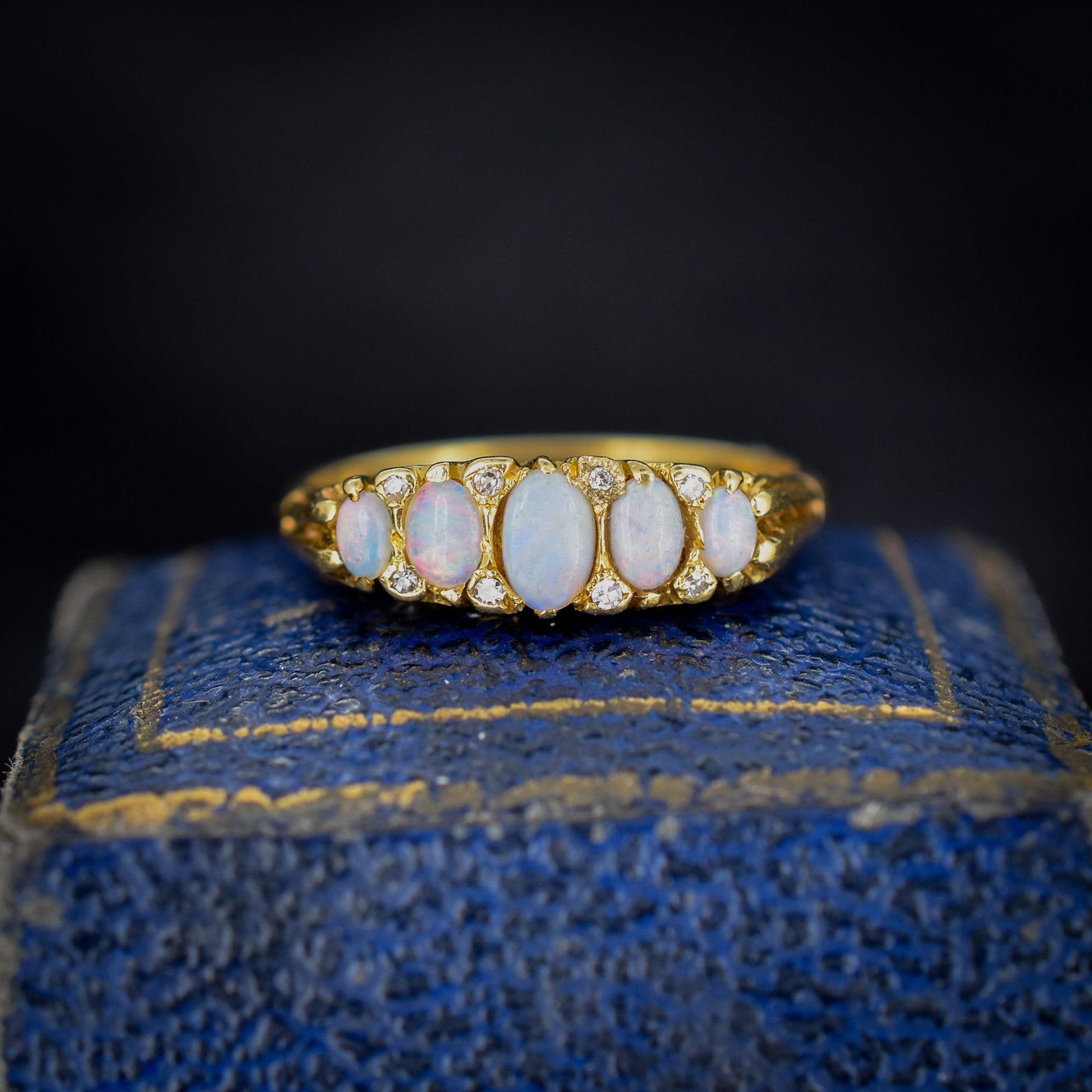 Vintage Natural Opal and Diamond Five Stone Scroll 18ct Yellow Gold Ring