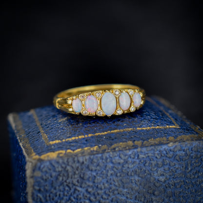 Vintage Natural Opal and Diamond Five Stone Scroll 18ct Yellow Gold Ring