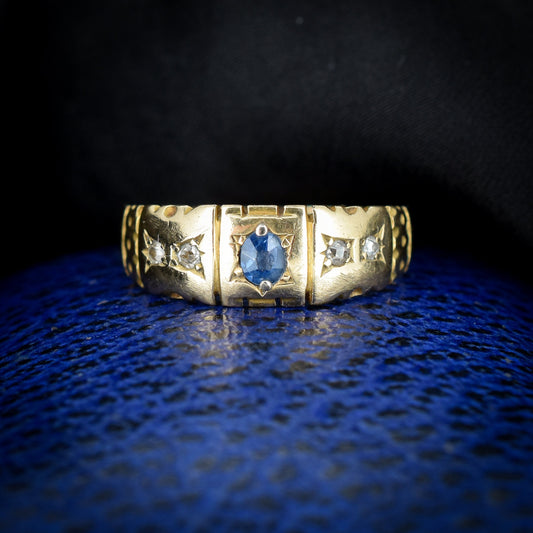 Antique Edwardian Blue Sapphire and Diamond 18ct Gold Gypsy Band Ring - Dated 1901