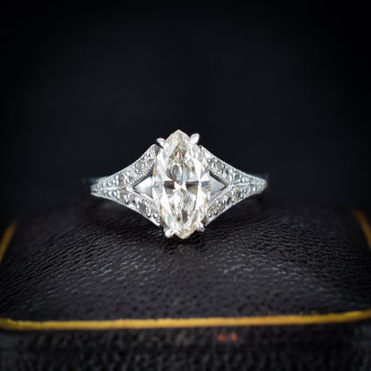 Vintage 0.80ct Marquise Diamond Solitaire Platinum Engagement Ring | Certified