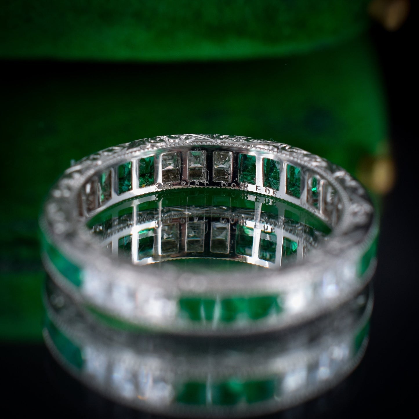 Art Deco Style Diamond and Emerald Platinum Full Eternity Wedding Band Ring